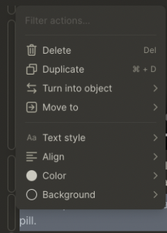The drop-down menu which appears upon clicking the pill dragger.